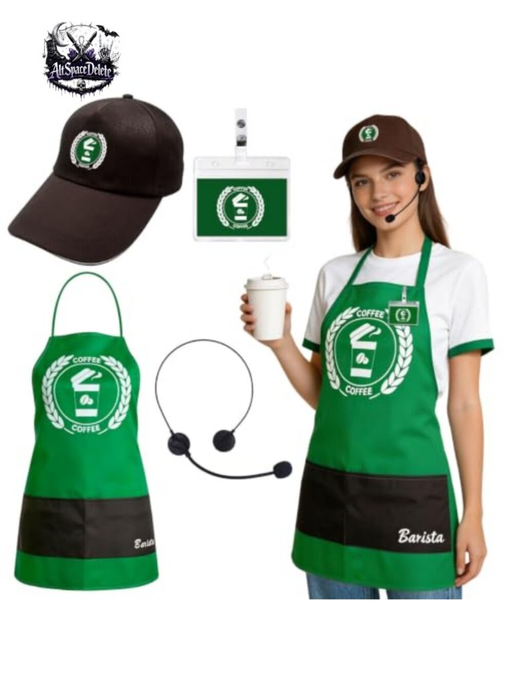 4Pc Barista Costume Set Apron Cap Name Tag Headset Cosplay Role Play